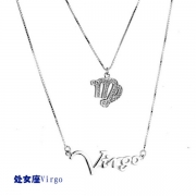 十二星座处女座 Virgo图标英文双层套链925纯银项链女